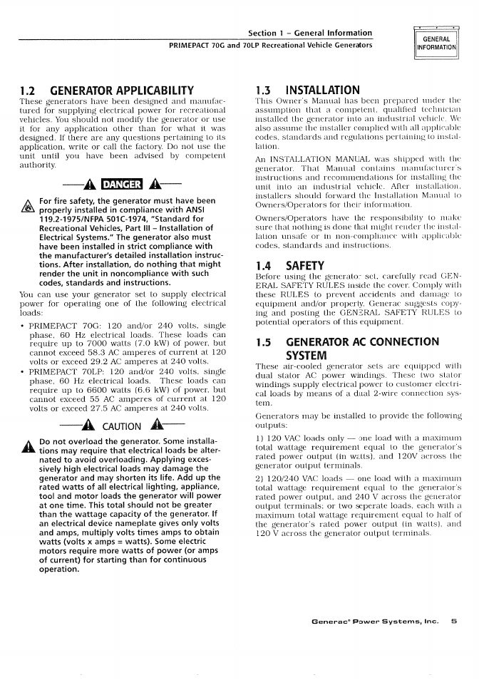2 generator applicability, 3 installation, 4 safety | 5 generator ac connection system | Generac Power Systems 000595-1 User Manual | Page 7 / 56
