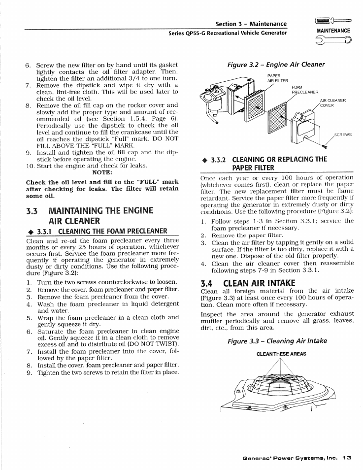 1 cleaning the foam precleaner, 2 cleaning or replacing the paper filter, Cleaning the foam precleaner | Air cleaner | Generac Power Systems 00862-2 User Manual | Page 15 / 52