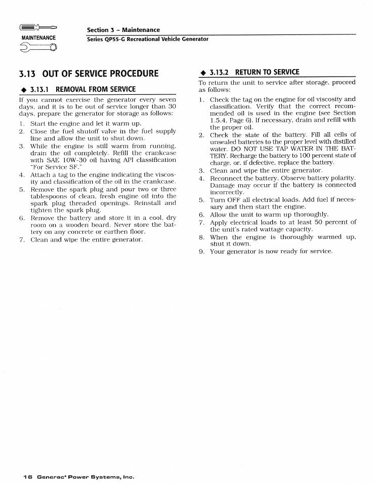 1 removal from service, 2 return to service, Removal from service | Return to service | Generac Power Systems 00862-2 User Manual | Page 18 / 52