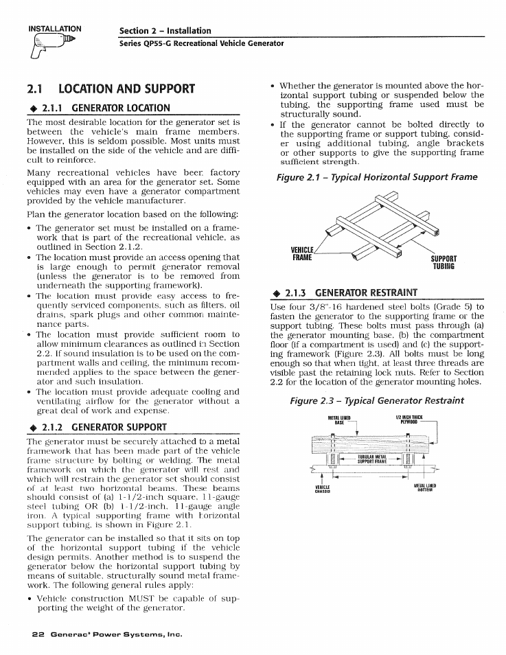 1 generator location, 2 generator support, 5 generator restraint | Generator restraint, 1 location and support | Generac Power Systems 00862-2 User Manual | Page 24 / 52