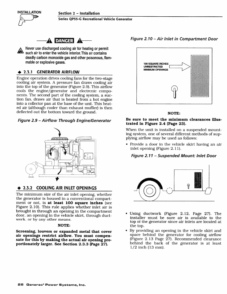 Danger, 1 generator airflow, 2 cooling air inlet openings | Generac Power Systems 00862-2 User Manual | Page 28 / 52