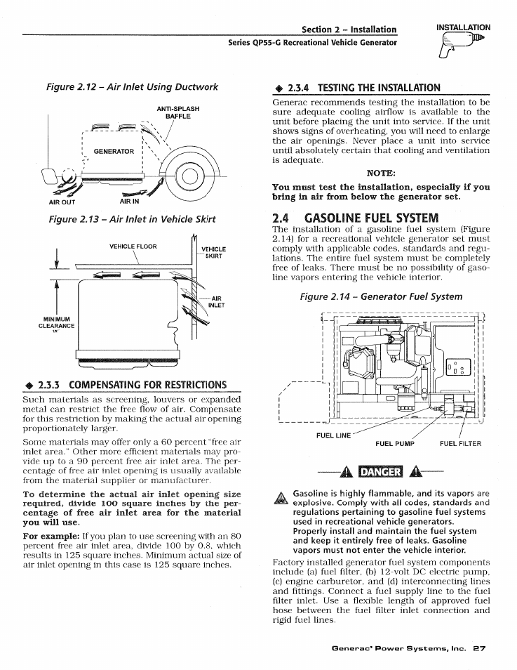 3 compensating for restrictions, 4 testing the installation, Danger | Compe'nsating for restrictions, Testing the installation, 4 gasoline fuel systeh | Generac Power Systems 00862-2 User Manual | Page 29 / 52