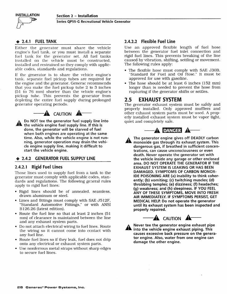 2.4.1 fuel tank, 2 generator fuel supply line, 1 rigid fuel lines | 2 flexible fuel line, Fuel tank, Rigid fuel lines, Flexible fuel line | Generac Power Systems 00862-2 User Manual | Page 30 / 52