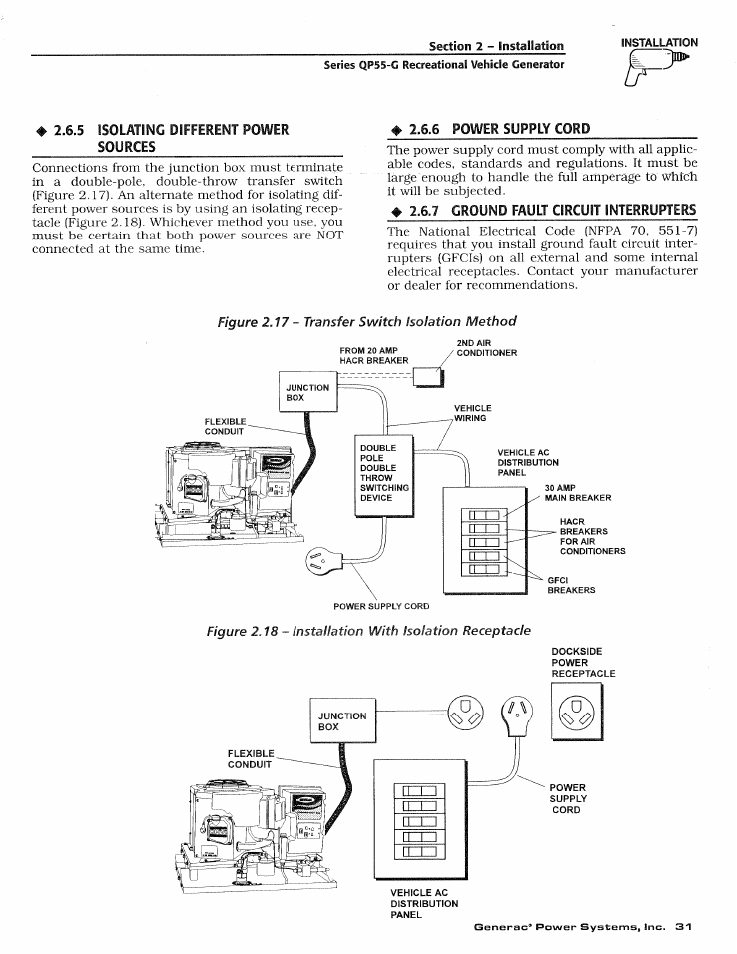 4 2.6.5 isolating different power sources, 6 power supply cord, 7 ground fault circuit interrupters | Isolating different power sources, Power supply cord, Ground fault circuit interrupters | Generac Power Systems 00862-2 User Manual | Page 33 / 52