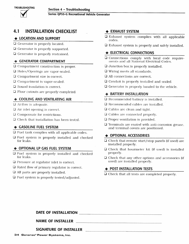 Location and support, Generator compartment, Cooling and ventilating air | Gasoline fuel system, Optional lp gas fuel system, Exhaust system, Electrical connections, Battery installation, Optional accessories, Post installation tests | Generac Power Systems 00862-2 User Manual | Page 36 / 52