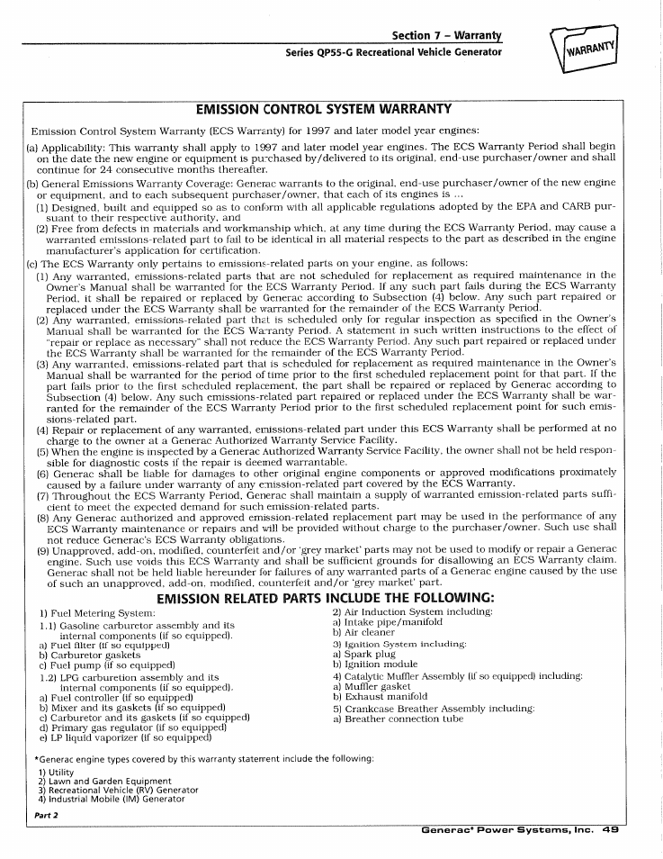 Emission control system warranty, Emission related parts include the following | Generac Power Systems 00862-2 User Manual | Page 51 / 52