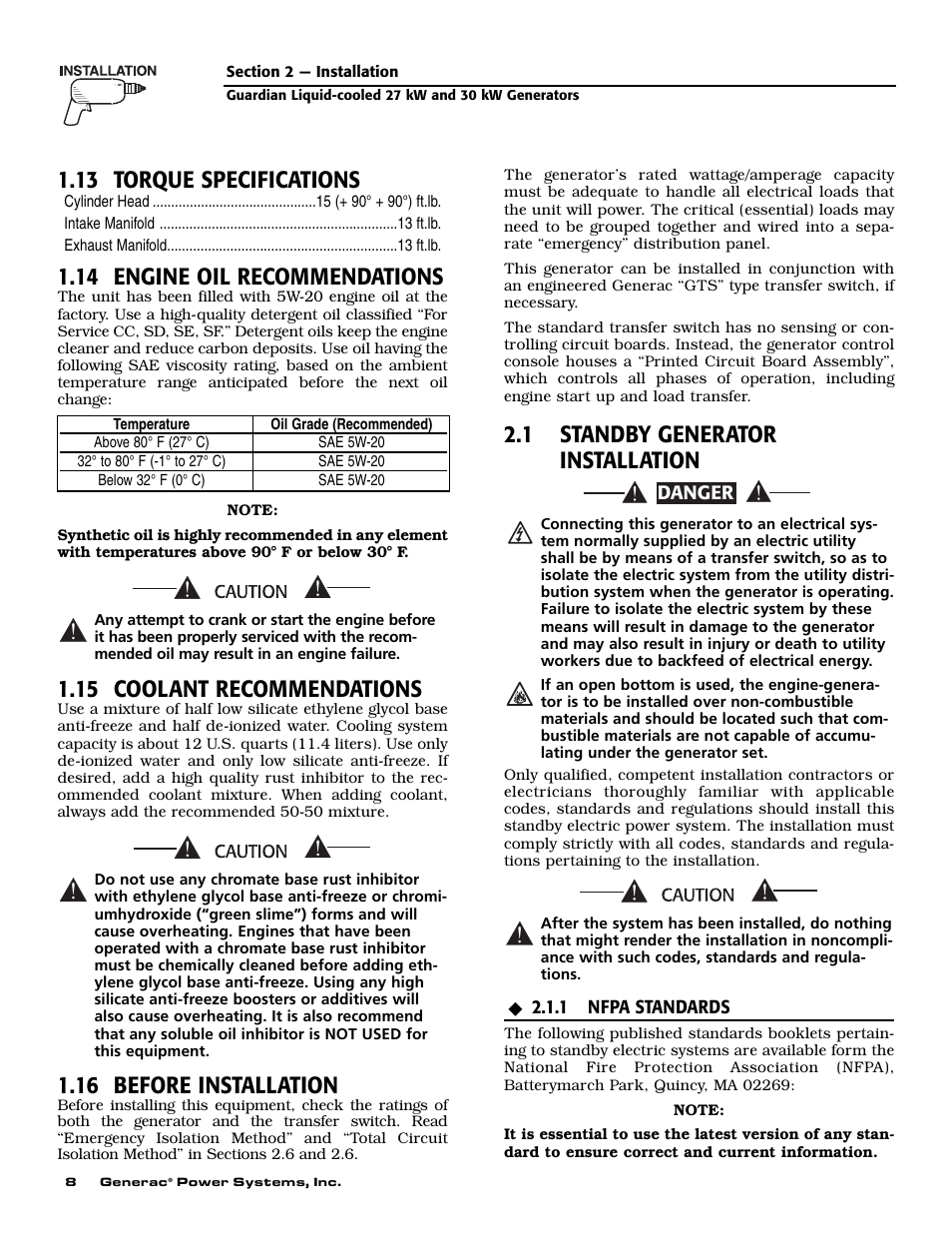 13 torque specifications, 14 engine oil recommendations, 15 coolant recommendations | 16 before installation, 1 standby generator installation | Generac Power Systems 004988-2 User Manual | Page 10 / 48