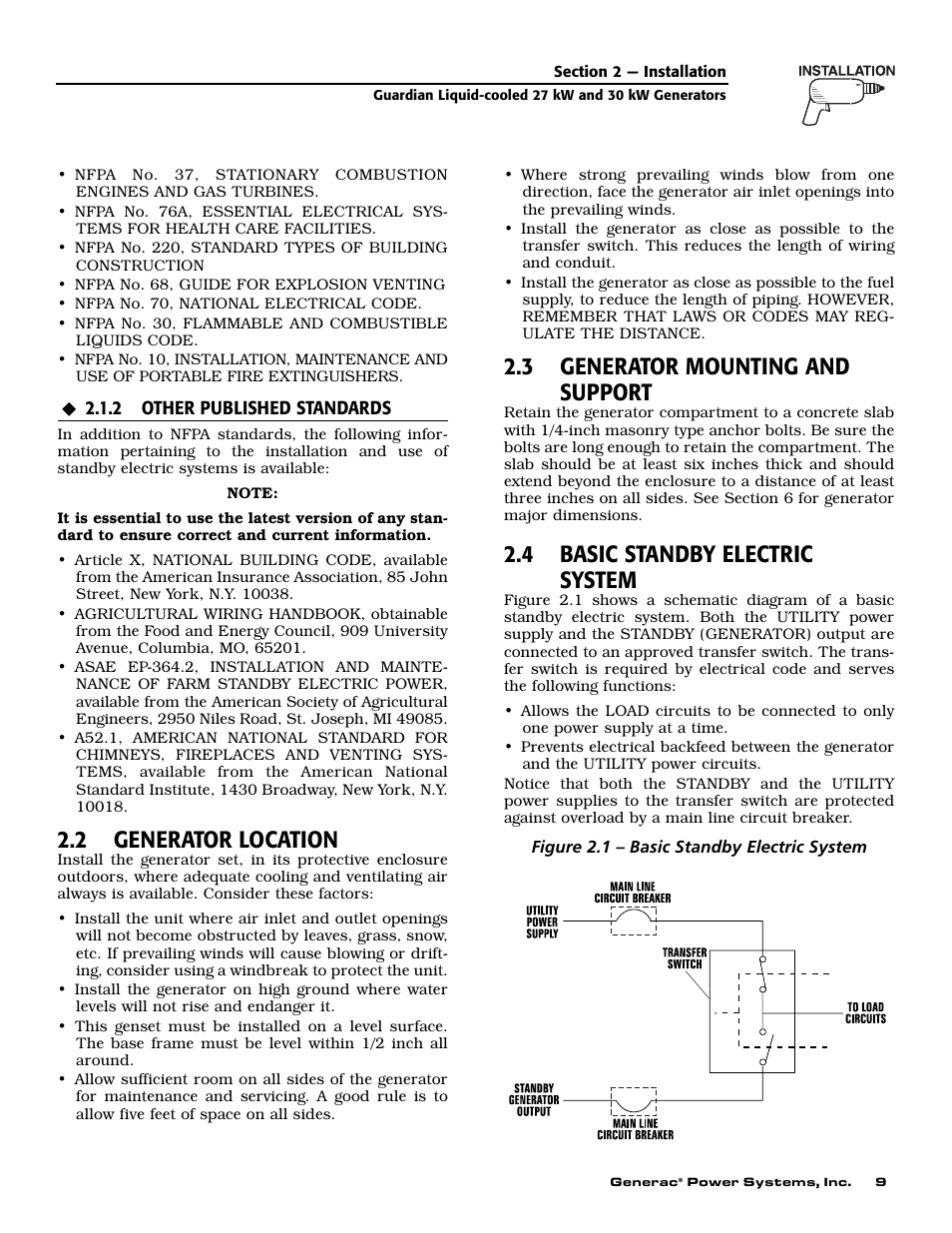 2 generator location, 3 generator mounting and support, 4 basic standby electric system | Generac Power Systems 004988-2 User Manual | Page 11 / 48