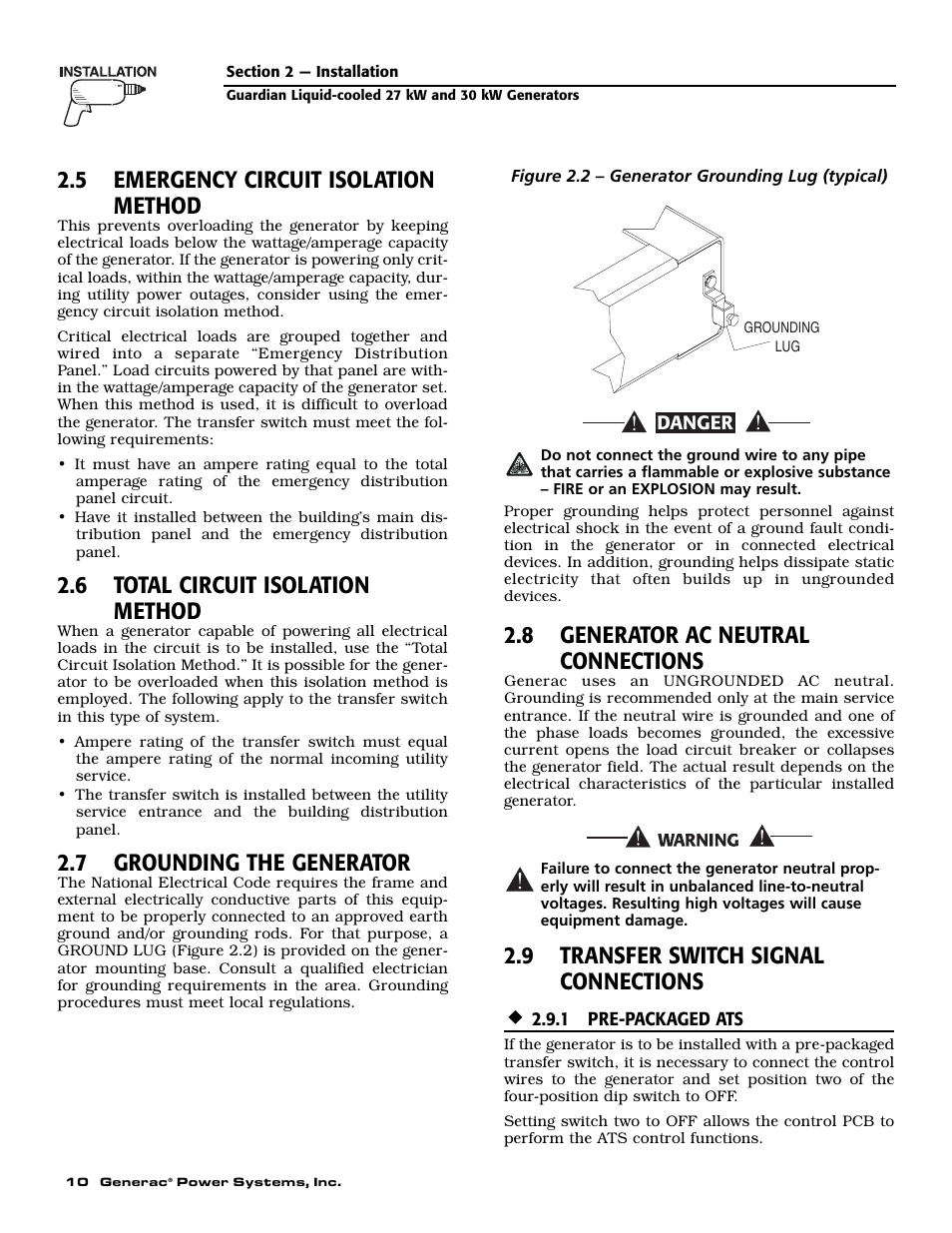 5 emergency circuit isolation method, 6 total circuit isolation method, 7 grounding the generator | 8 generator ac neutral connections, 9 transfer switch signal connections | Generac Power Systems 004988-2 User Manual | Page 12 / 48