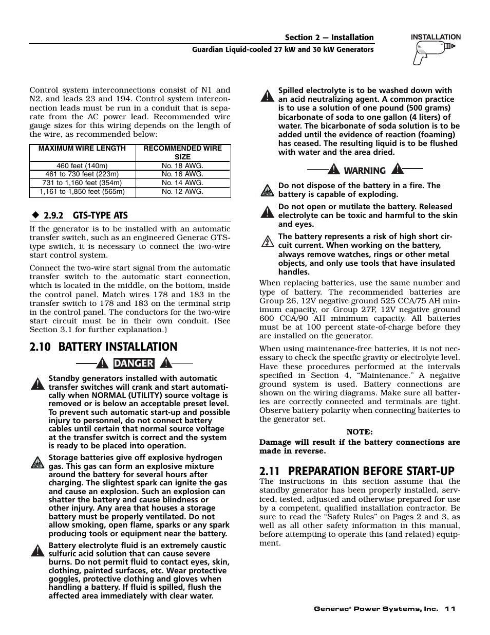 10 battery installation, 11 preparation before start-up | Generac Power Systems 004988-2 User Manual | Page 13 / 48