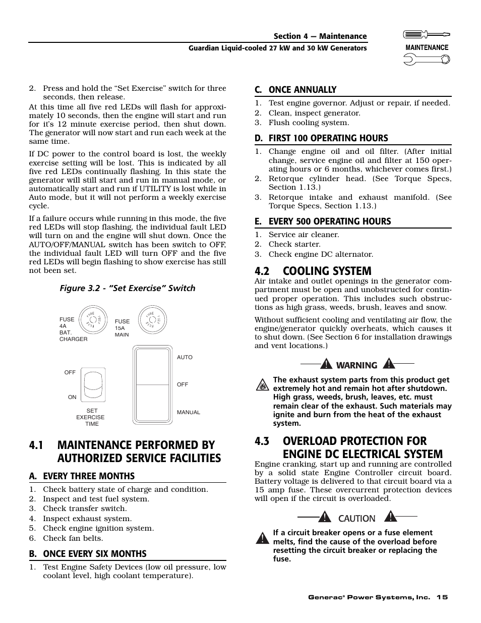2 cooling system, A. every three months, B. once every six months | C. once annually, D. first 100 operating hours, E. every 500 operating hours, Figure 3.2 - “set exercise” switch | Generac Power Systems 004988-2 User Manual | Page 17 / 48