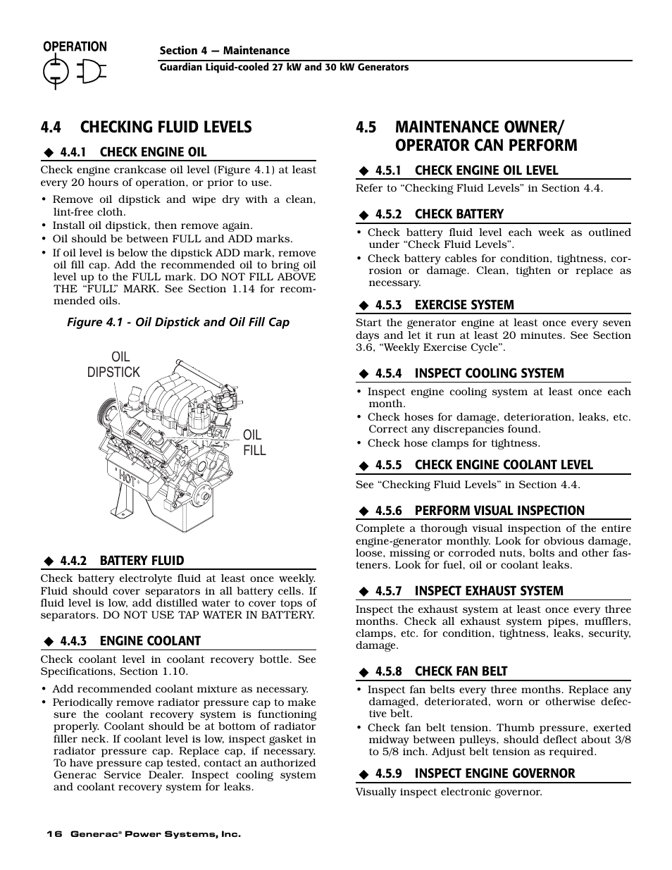 4 checking fluid levels, 5 maintenance owner/ operator can perform | Generac Power Systems 004988-2 User Manual | Page 18 / 48