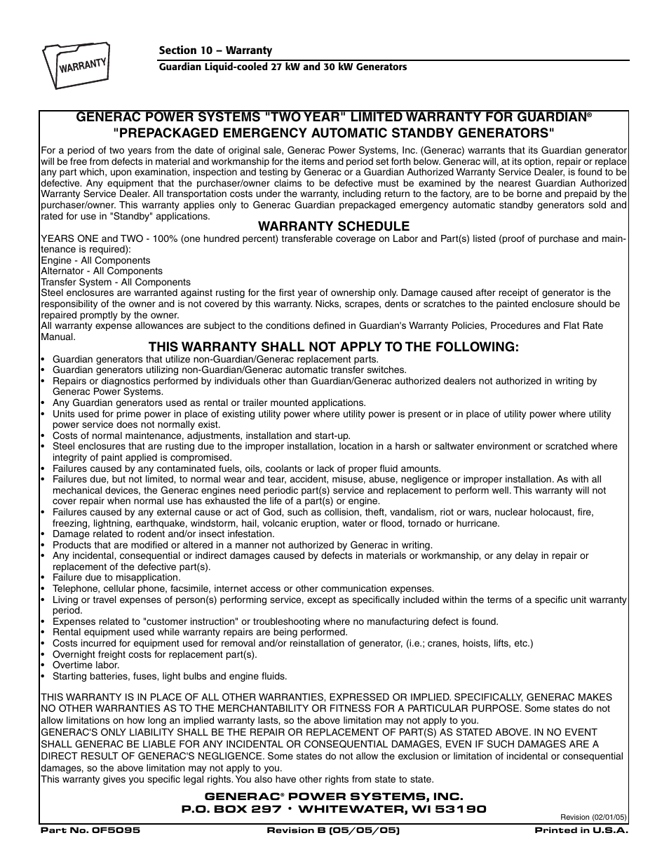 Prepackaged emergency automatic standby generators, Warranty schedule, This warranty shall not apply to the following | Generac Power Systems 004988-2 User Manual | Page 48 / 48