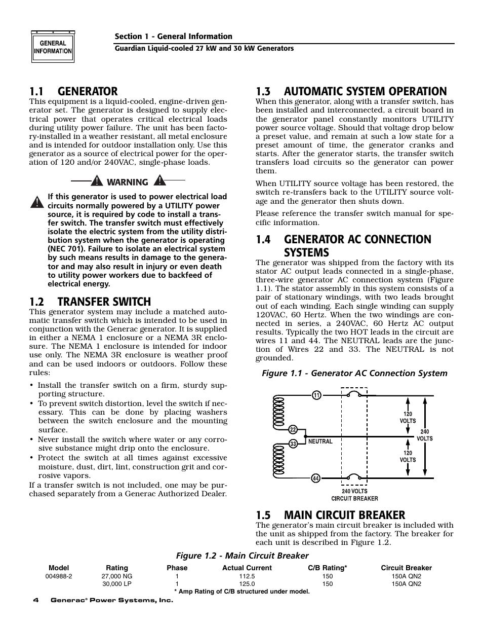 1 generator, 2 transfer switch, 3 automatic system operation | 4 generator ac connection systems, 5 main circuit breaker | Generac Power Systems 004988-2 User Manual | Page 6 / 48