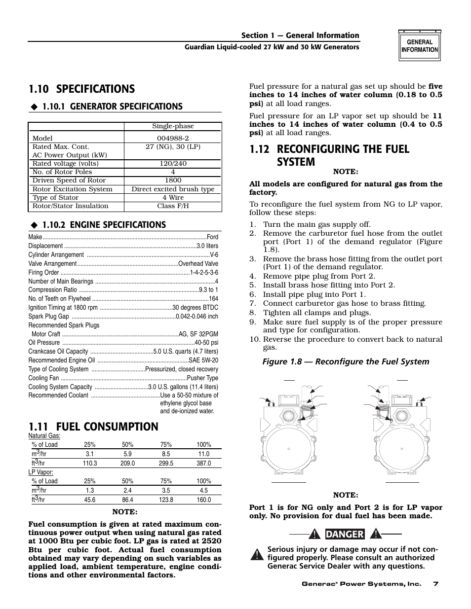 10 specifications, 11 fuel consumption, 12 reconfiguring the fuel system | Danger, Figure 1.8 — reconfigure the fuel system | Generac Power Systems 004988-2 User Manual | Page 9 / 48