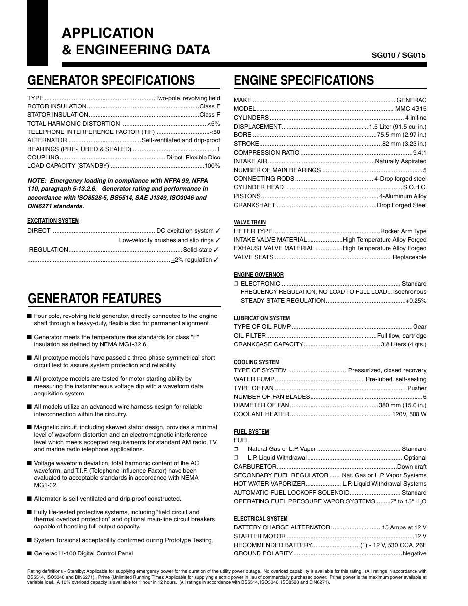 Generator specifications, Engine specifications, Application & engineering data generator features | Generac Power Systems SG015 User Manual | Page 2 / 4