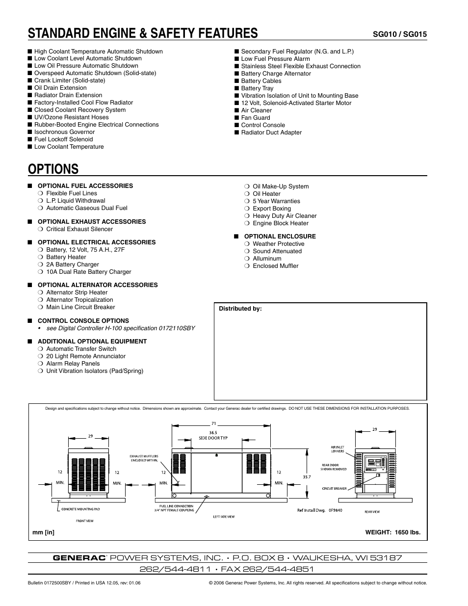 Standard engine & safety features options | Generac Power Systems SG015 User Manual | Page 4 / 4