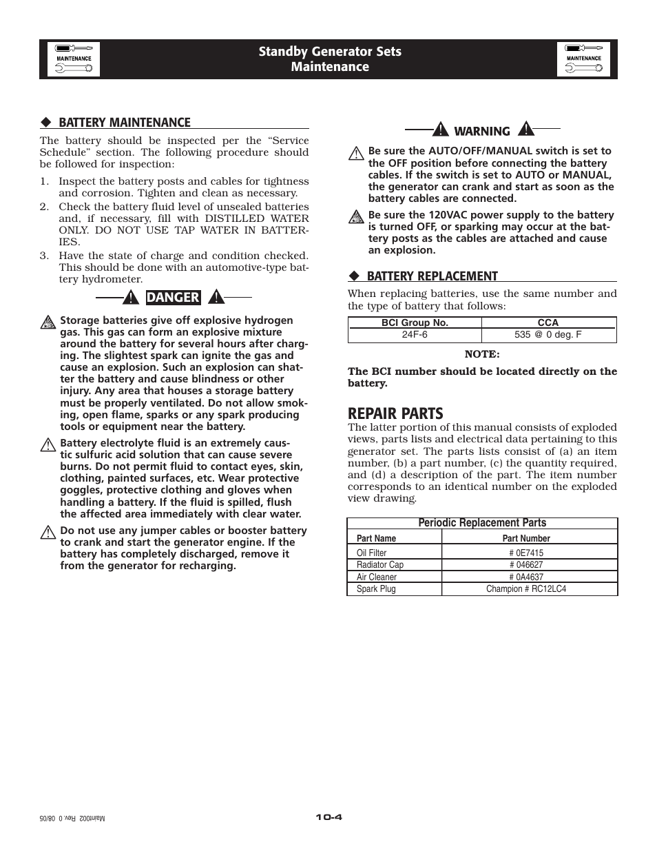 Repair parts | Generac Power Systems 005223-0 User Manual | Page 19 / 56