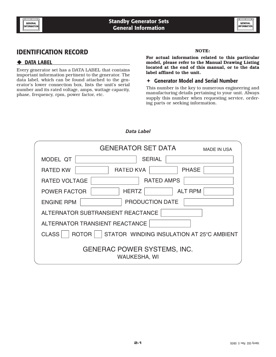 Identification record, Generac power systems, inc, Generator set data | Generac Power Systems 005223-0 User Manual | Page 6 / 56