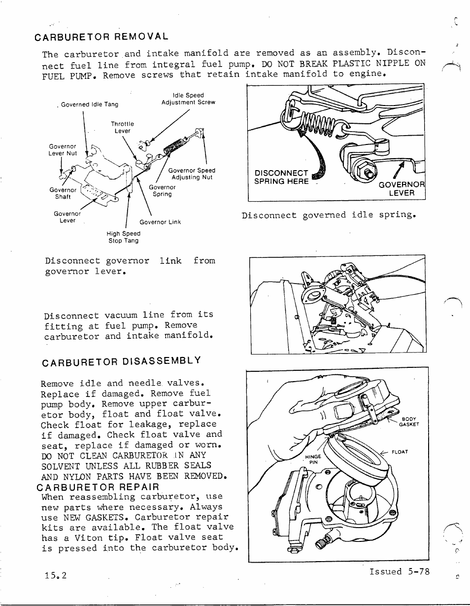 Carburetor removal, Carburetor disassembly, Carburetor reassembly | Issued 5-78 | Generac Power Systems TXP User Manual | Page 86 / 91