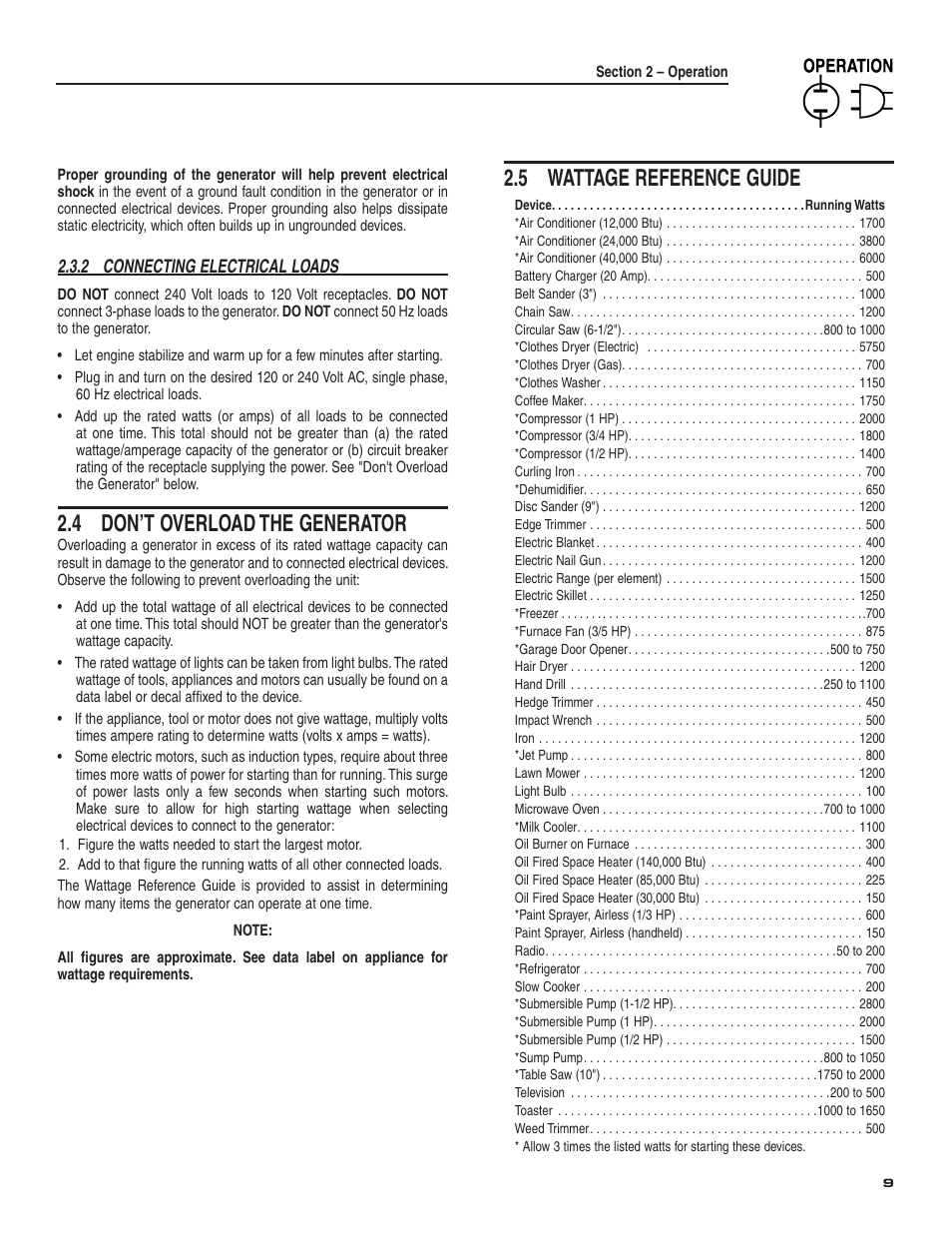 4 don’t overload the generator, 5 wattage reference guide | Generac Power Systems 004987-2 User Manual | Page 11 / 36