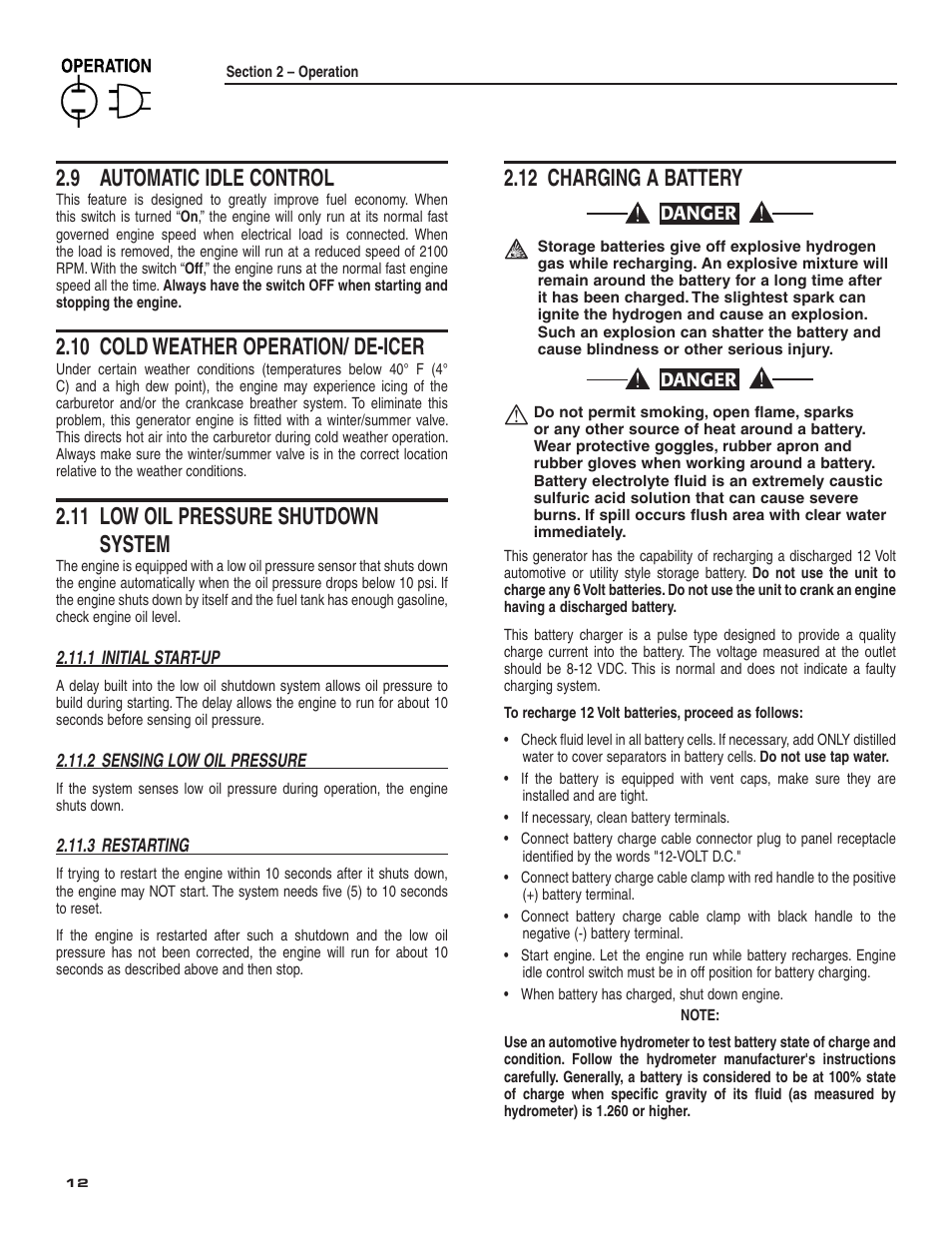 9 automatic idle control, 10 cold weather operation/ de-icer, 11 low oil pressure shutdown system | 12 charging a battery | Generac Power Systems 004987-2 User Manual | Page 14 / 36