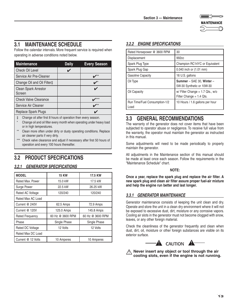 1 maintenance schedule, 2 product specifications, 3 general recommendations | Generac Power Systems 004987-2 User Manual | Page 15 / 36