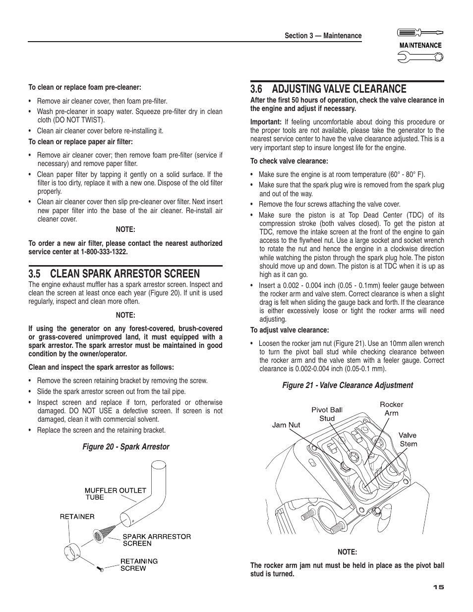 5 clean spark arrestor screen, 6 adjusting valve clearance | Generac Power Systems 004987-2 User Manual | Page 17 / 36