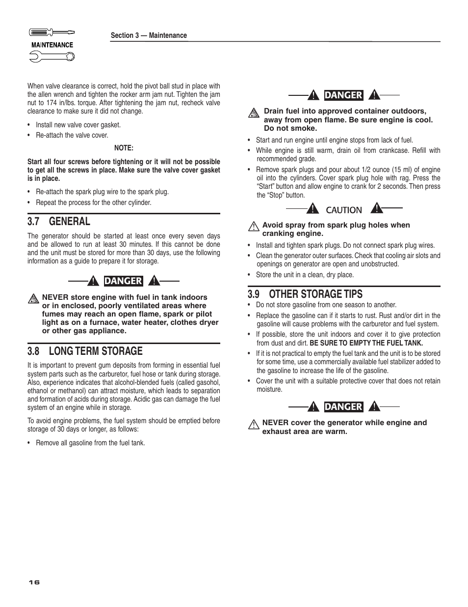 7 general, 8 long term storage, 9 other storage tips | Generac Power Systems 004987-2 User Manual | Page 18 / 36