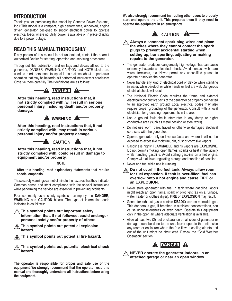 Introduction, Read this manual thoroughly | Generac Power Systems 004987-2 User Manual | Page 3 / 36