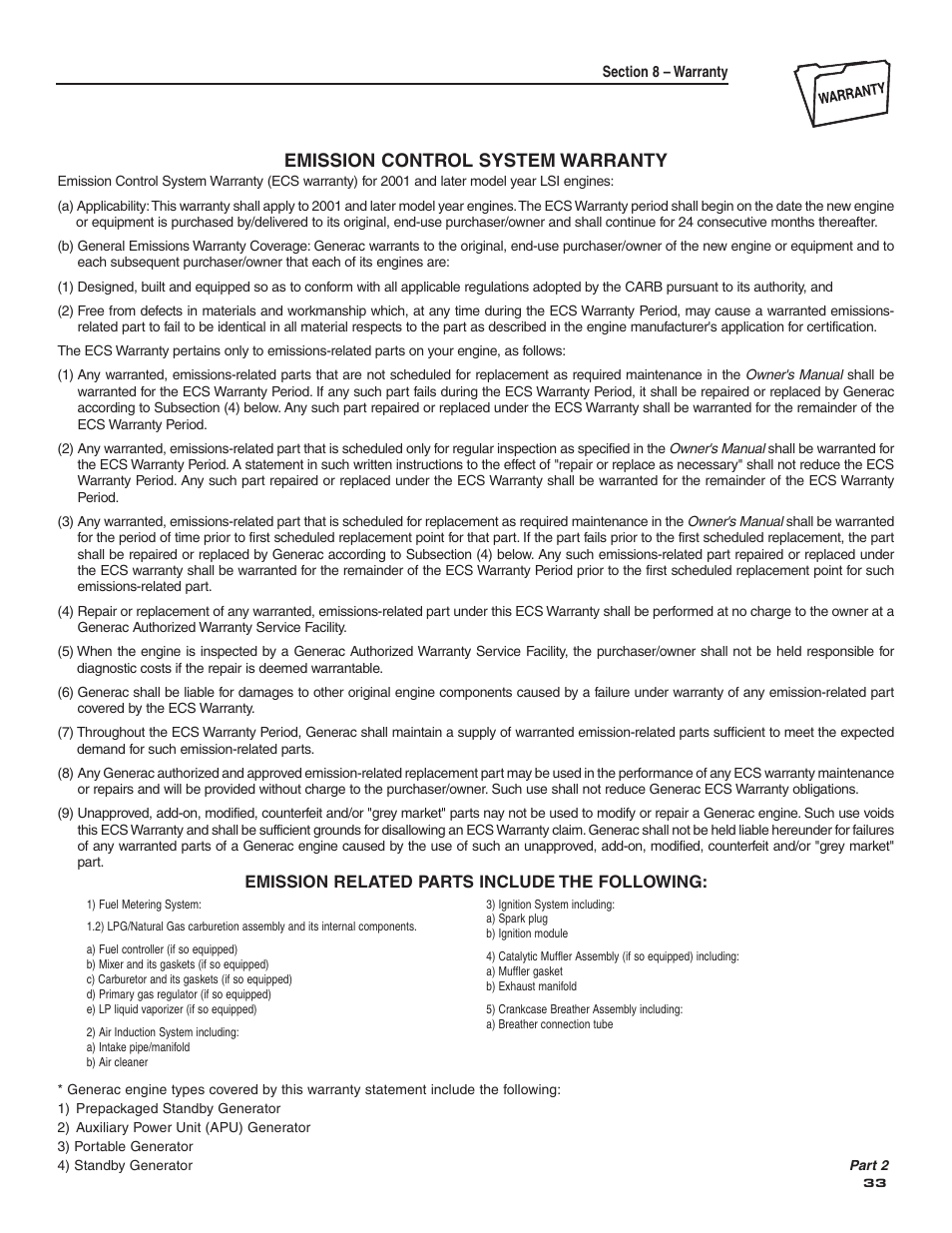 Emission control system warranty | Generac Power Systems 004987-2 User Manual | Page 35 / 36