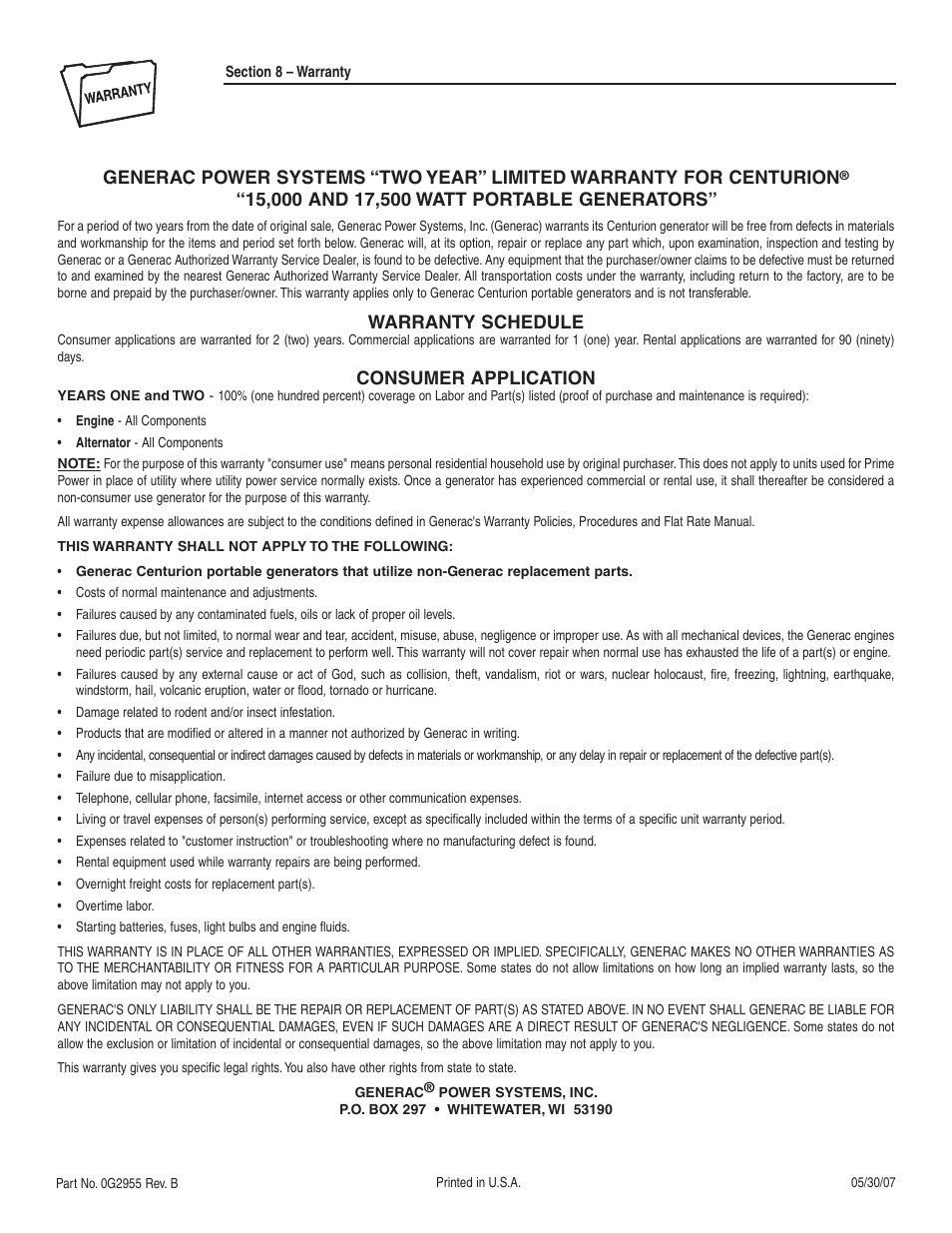 Warranty schedule, Consumer application | Generac Power Systems 004987-2 User Manual | Page 36 / 36