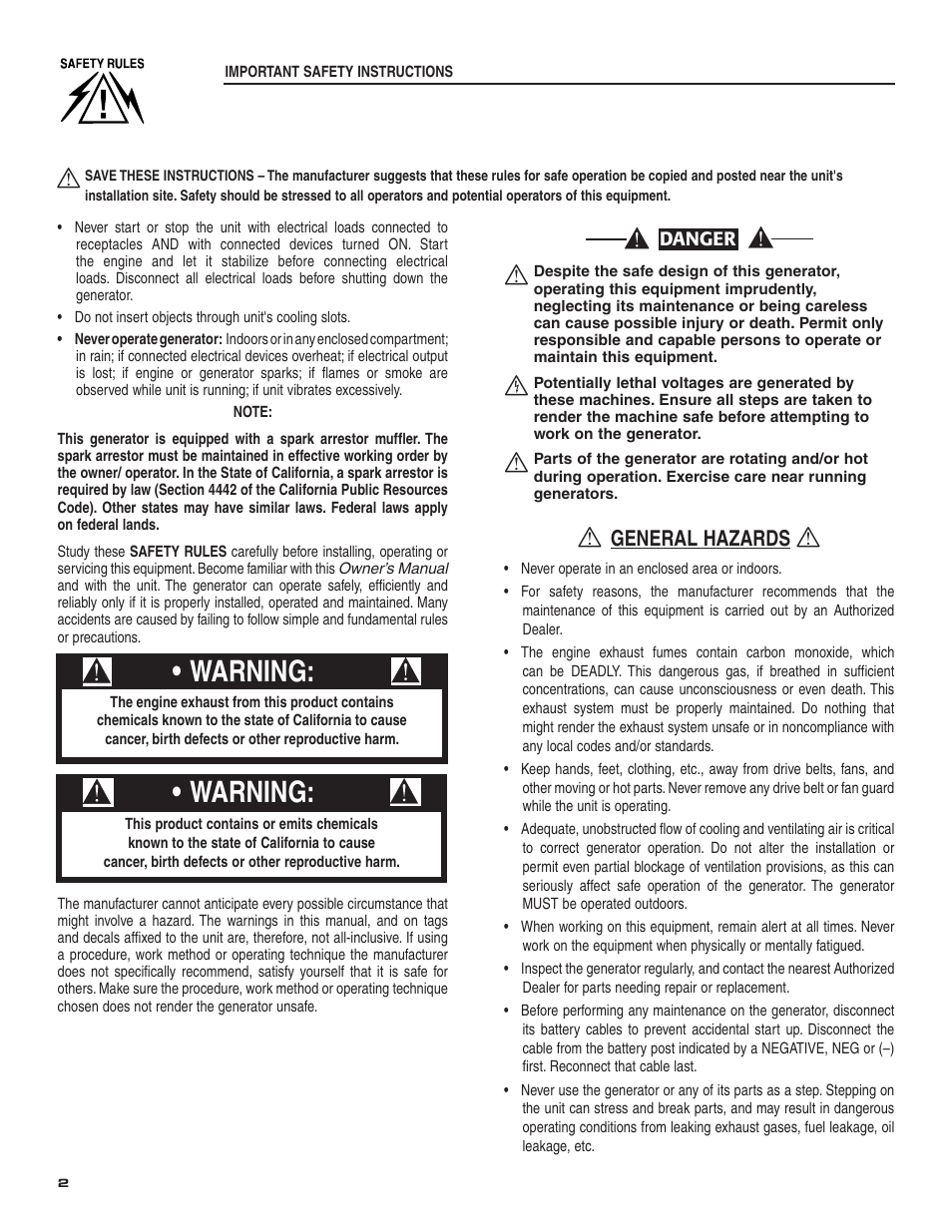 Warning, General hazards | Generac Power Systems 004987-2 User Manual | Page 4 / 36
