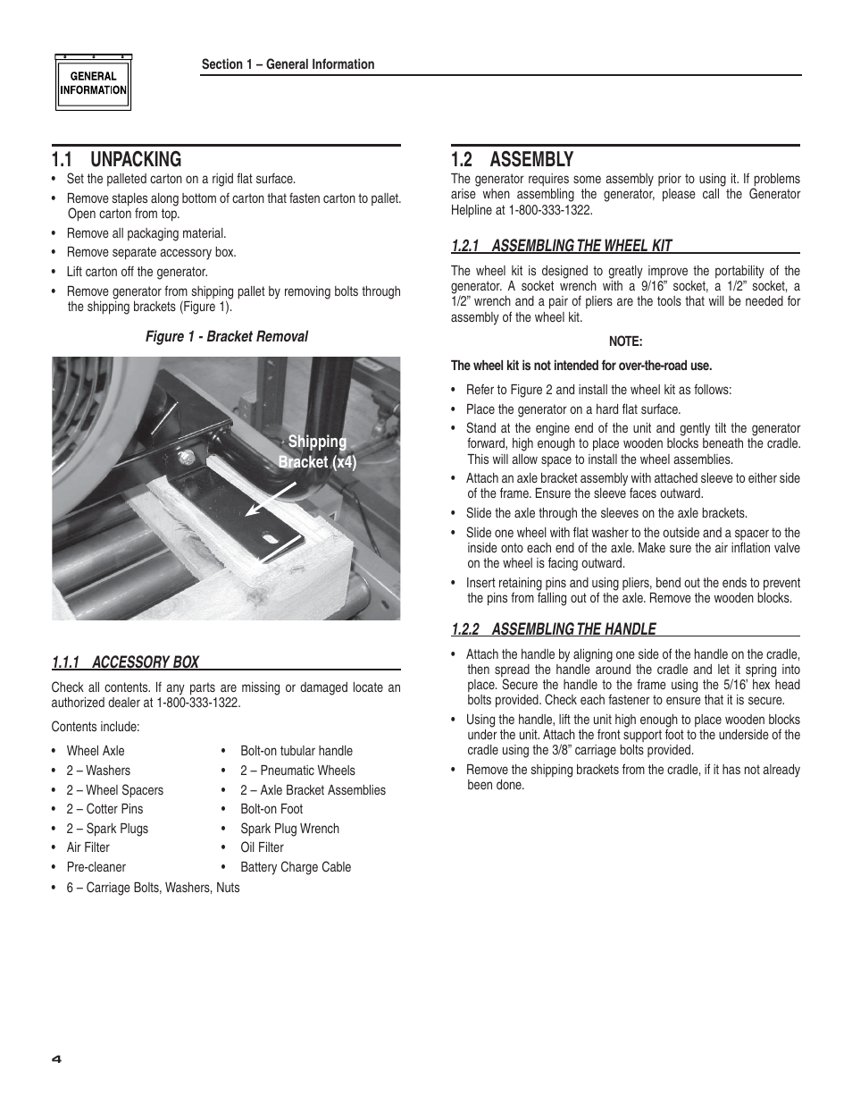 1 unpacking, 2 assembly | Generac Power Systems 004987-2 User Manual | Page 6 / 36