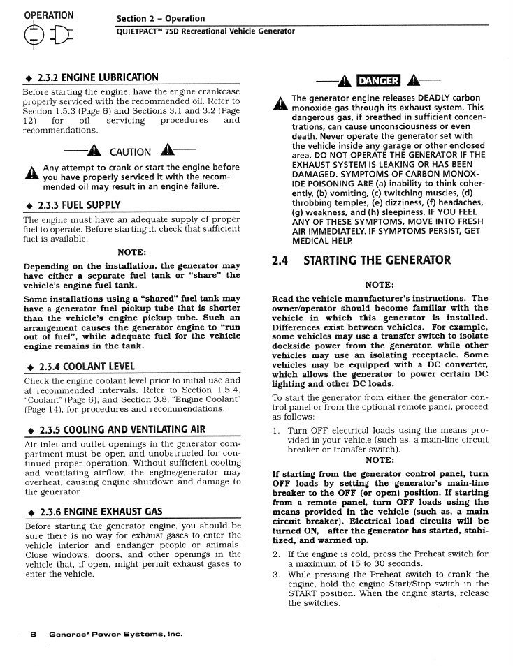 4 coolant level, 4 starting the generator, Coolant level | Starting the generator | Generac Power Systems 004270-1 User Manual | Page 10 / 68