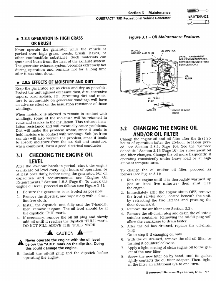 1 checking the engine oil level, 2 changing the engine oil and/or oil filter, 1 checking the engine oil level 3.2 | Changing the engine oil and/or oil filter | Generac Power Systems 004270-1 User Manual | Page 13 / 68