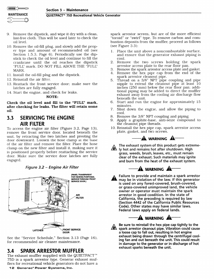 3 servicing the engine air filter, 4 spark arrestor muffler, Æ warning æ | Servicing the engine air filter, Spark arrestor muffler | Generac Power Systems 004270-1 User Manual | Page 14 / 68