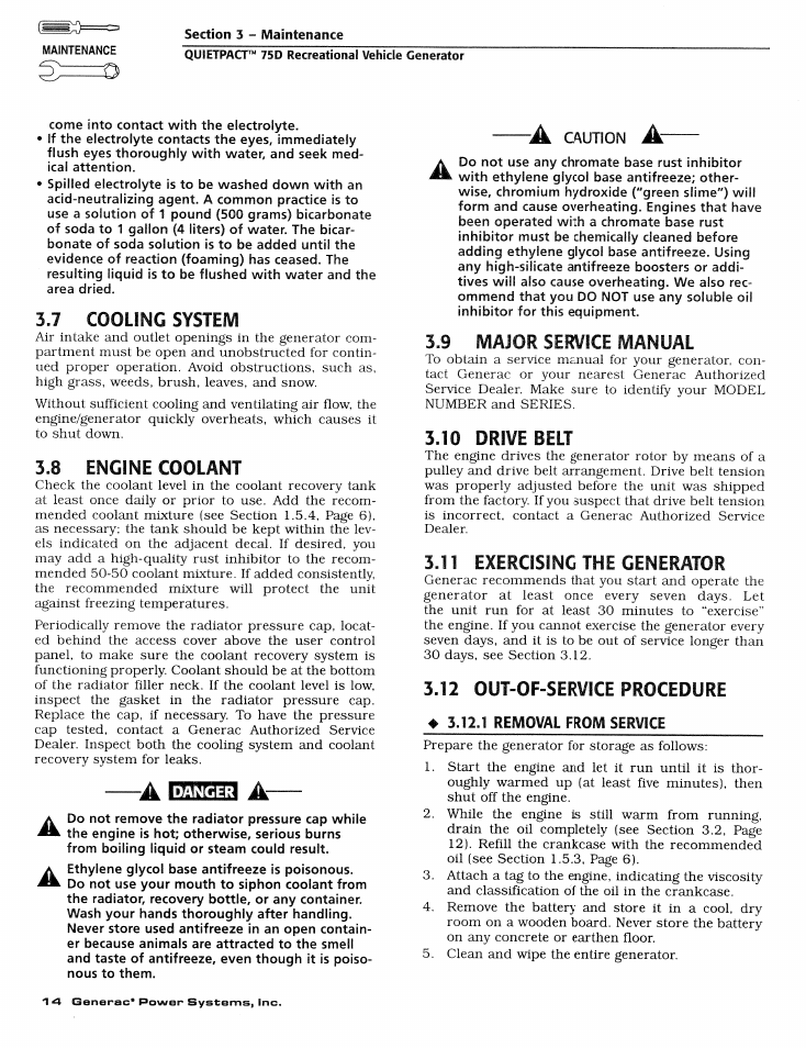 7 cooling system, 8 engine coolant, Jà caution jk | 9 major service manual, 10 drive belt, 11 exercising the generator, 12 out-of-service procedure, Cleaning the generator, Cooling system, Engine coolant | Generac Power Systems 004270-1 User Manual | Page 16 / 68