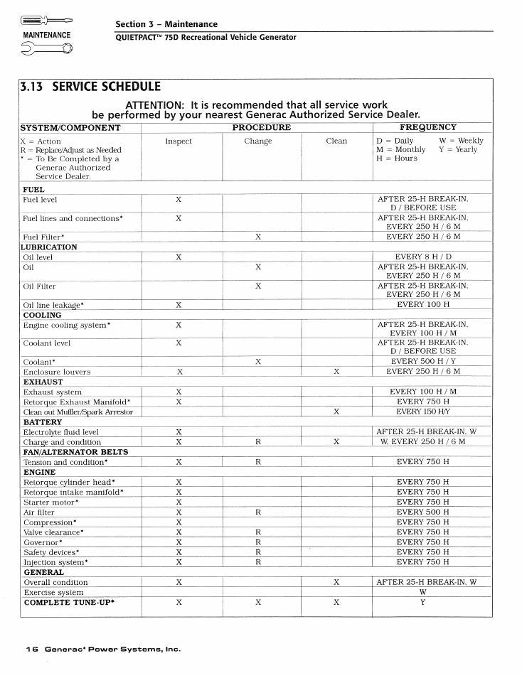 13 service schedule | Generac Power Systems 004270-1 User Manual | Page 18 / 68