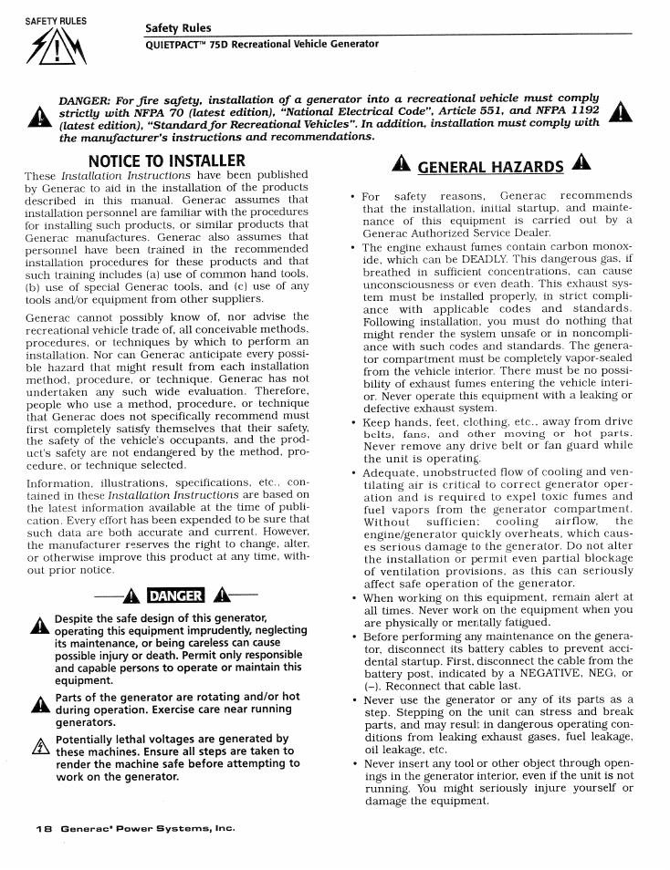 Notice to installer, General hazards | Generac Power Systems 004270-1 User Manual | Page 20 / 68