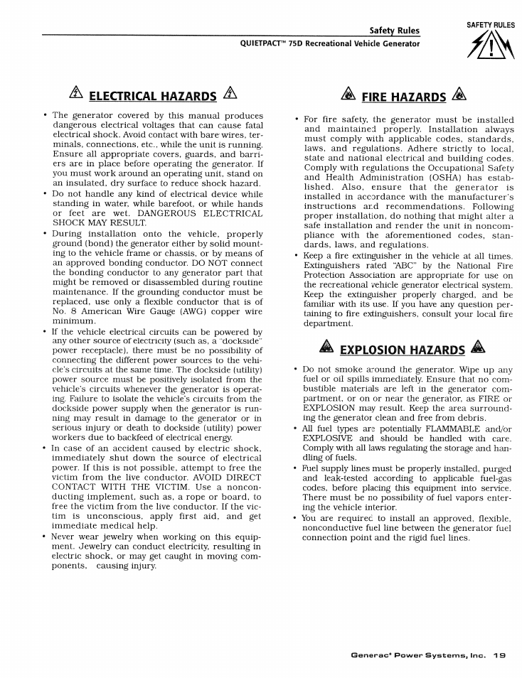 Electrical hazards, Fire hazards, Explosion hazards | Generac Power Systems 004270-1 User Manual | Page 21 / 68