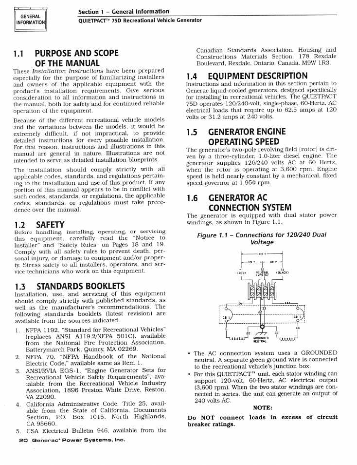 1 purpose and scope of the manual, 2 safety, 3 standards booklets | 4 equipment description, 5 generator engine operating speed, 6 generator ac connection system, Purpose and scope of the manual, Safety, Standards booklets, Equipment description | Generac Power Systems 004270-1 User Manual | Page 22 / 68