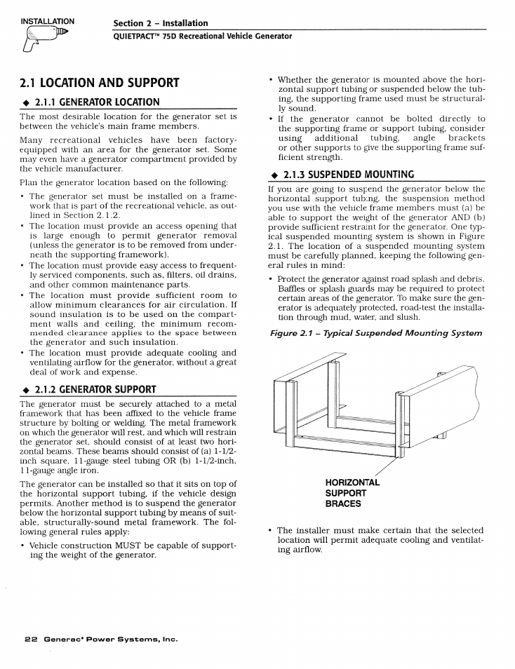 1 location and support, 4 2.1.2 generator support, Location and support | Generator support | Generac Power Systems 004270-1 User Manual | Page 24 / 68