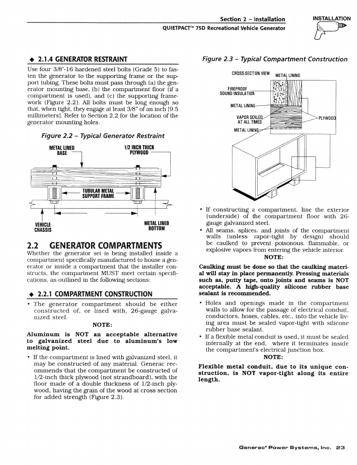 4 generator restraint, 2 generator compartments, 1 compartivient consiruaion | Generator restraint, Generator compartments 2.2.1, Compartment construction | Generac Power Systems 004270-1 User Manual | Page 25 / 68