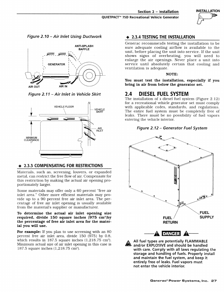 3 coivipefmsatifsig for restrictions, 4 2.3.4 testing the installation, 4 diesel fuel system | Compensating for restrictions, Testing the installation, Diesel fuel system | Generac Power Systems 004270-1 User Manual | Page 29 / 68