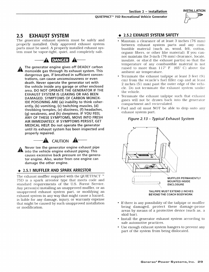 2 exhaust system safety, Exhaust system safety, 5 exhaust system | Generac Power Systems 004270-1 User Manual | Page 31 / 68