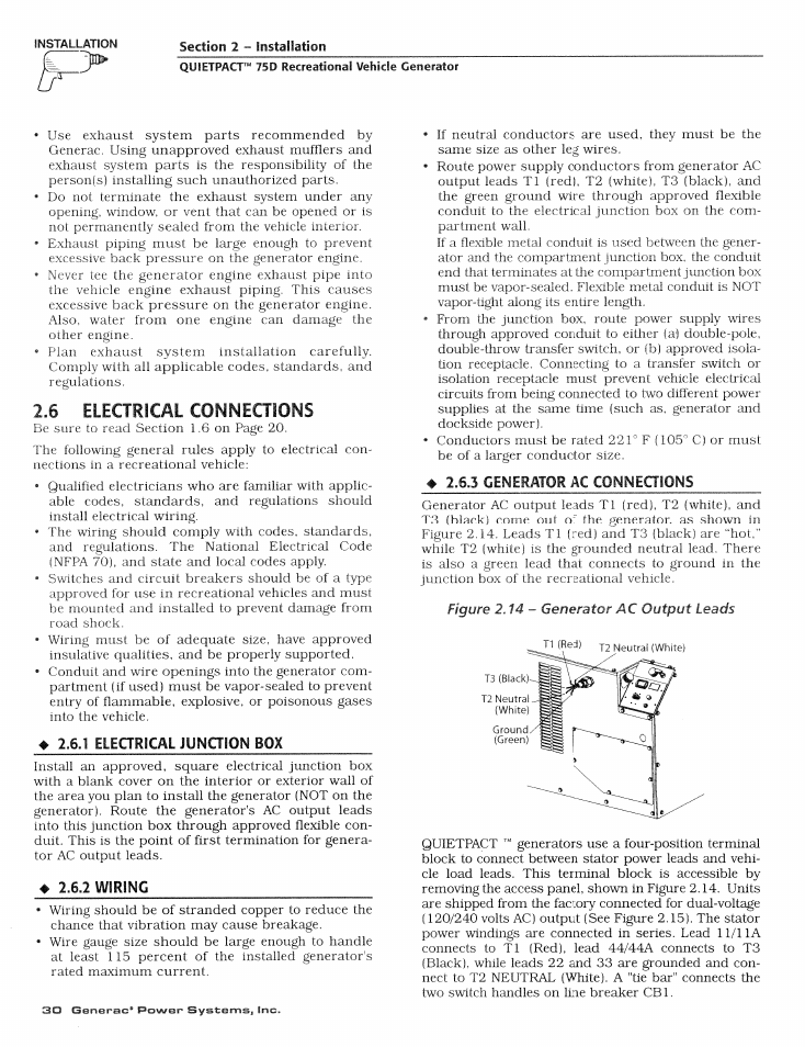 6 electrical connections, 1 elearical junction box, 2 wiring | 3 generator ac connections, Electrical connections, Electrical junction box, Wiring, Generator ac connections | Generac Power Systems 004270-1 User Manual | Page 32 / 68