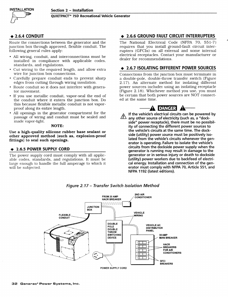 4 conduit, 5 power supply coro, 6 ground fault circuit interrupters | 7 isolating different power sources, Conduit, Power supply cord, Groxmd fault circuit interrupters, Isolating different power sources | Generac Power Systems 004270-1 User Manual | Page 34 / 68