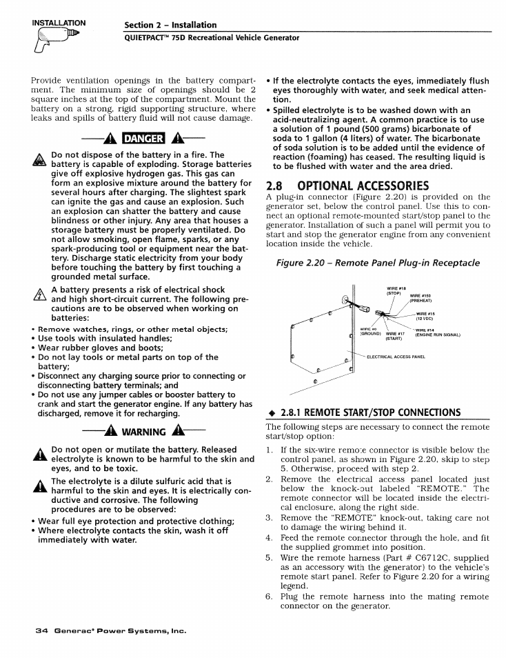 8 optional accessories, Ф 2.8.1 remote start/stop connections, Optional accessories 2.8.1 | Remote star vs top connections | Generac Power Systems 004270-1 User Manual | Page 36 / 68