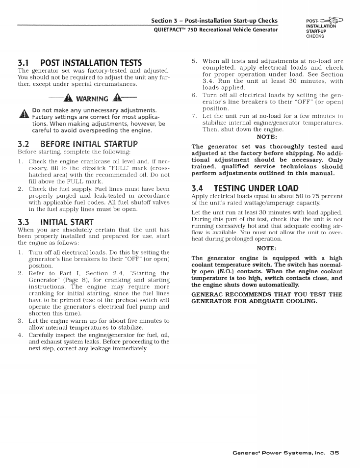 1 post installation tests, 2 before initial startup, 3 initial start | 4 testing under load, Post installation tests, Before initial startup, Initial start, Testing under load | Generac Power Systems 004270-1 User Manual | Page 37 / 68